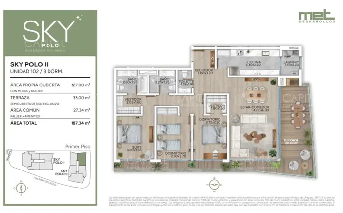 Apartamento con parrillero propio en Carrasco Sur de tres dormiterios a la venta.