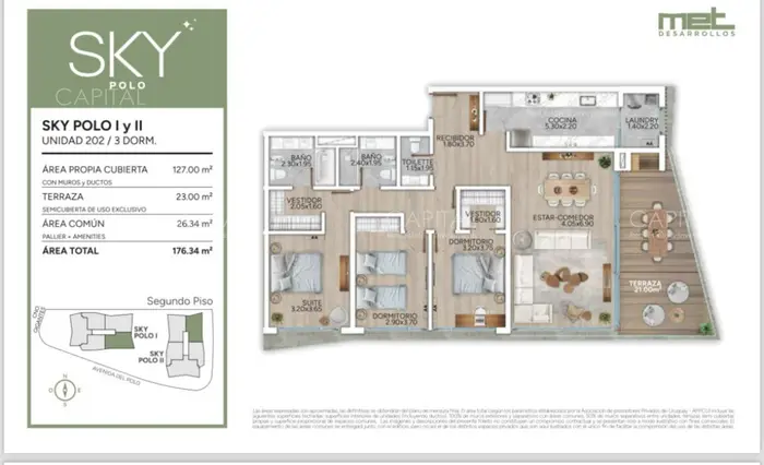 Apartamento en pozo de tres dormitorio en Carrasco, Proyecto Sky Polo.