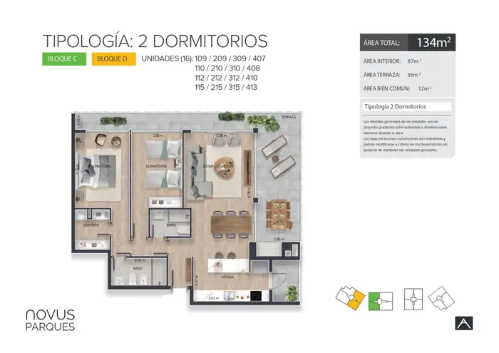 Alquiler de Apartamento de 2 dormitorios en Novus Parques - Barrio Parques