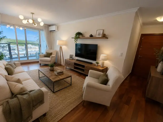 Hermoso apartamento sobre Rambla de Malvín, con terraza, estupenda vista al mar, garaje en lugar fijo, patio de uso exclusivo, de excelente construcción 