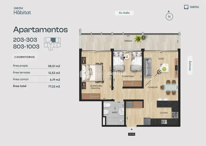 Venta apto 2 dormitorios Orientado al sol Con gran terraza