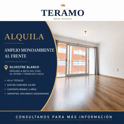 Téramo Real Estate alquila amplio monoambiente al frente, ubicado sobre Silvestre Blanco, próximo a Brito del Pino, Av. Rivera y Francisco Soca.