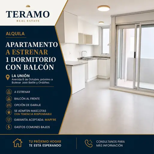 Alquiler de apartamento a estrenar de 1 dormitorio con balcón en La Unión