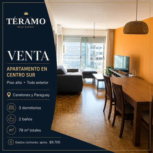 Venta de apartamento de 3 dormitorios en Centro Sur – Piso alto, todo exterior