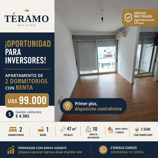 ¡OPORTUNIDAD PARA INVERSORES! APARTAMENTO DE 2 DORMITORIOS CON RENTA