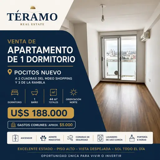 Venta de apartamento de 1 dormitorio en Pocitos Nuevo U$S 188.000